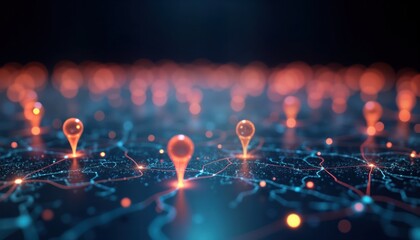 Poster - Futuristic digital map shows glowing location pins. Network connections, tech visualize global positioning system. Abstract design of urban landscape. Navigation system display with glowing points.