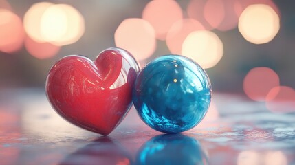 Poster - Colorful glass spheres and a heart decoration create a romantic and artistic ambiance with a soft bokeh background for festive events.