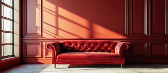 Poster - Luxurious living room interior featuring a vibrant red velvet sofa against a rich red wall with natural light streaming through a large window.