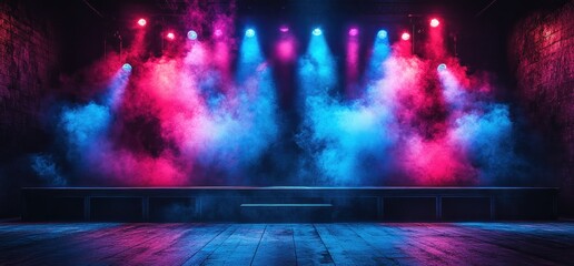 Poster - Vibrant Neon Retro Club Space with Blue Pink Spotlights and Foggy Atmosphere