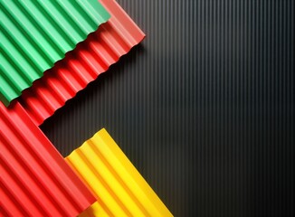 Poster - Abstract design with corrugated paper shapes in vibrant colors red yellow, green on dark background. Creative colorful geometric pattern for banner poster. Ideal for February Black History Month