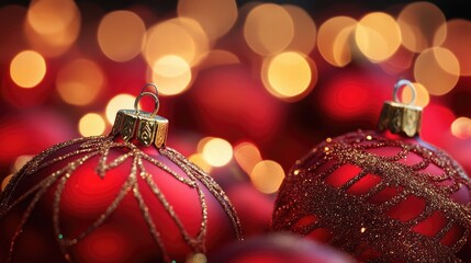 Poster - Elegant red and gold Christmas ornaments with warm bokeh lights creating a festive holiday atmosphere perfect for seasonal decorations