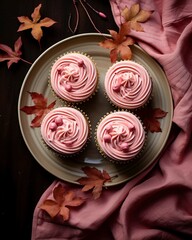 Sticker - Pink Cupcakes on a Plate with Autumn Leaves