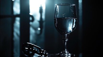 Poster - Realistic glass of water illuminated against a dark background with dramatic lighting and shadow effects