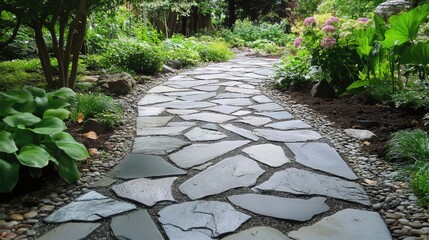 Poster - Curved Stone Pathway Surrounded by Lush Greenery and Vibrant Floral Accents in a Serene Garden Setting
