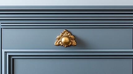 Poster - Vintage gray wooden drawer featuring an ornate golden handle isolated on a white background Elegant furniture accent for modern living spaces