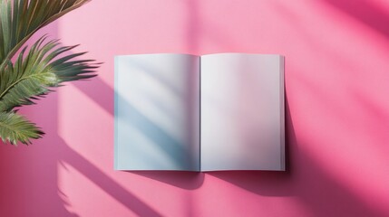 Poster - Blank square brochure mockup template on a pink background with shadows for design placement featuring an open booklet and decorative leaves