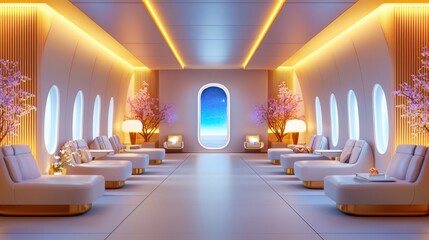 Poster - A luxury airline lounge with plush seating, ambient lighting, and a serene atmosphere.