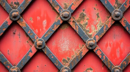 Poster - vintage red metal texture with rusty geometric pattern and weathered surface for abstract background