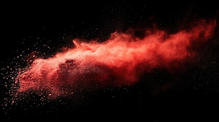 Poster - Vibrant red powder explosion against a dark background showcasing dynamic movement and energy in abstract art composition.