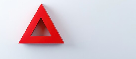 Poster - Vibrant red triangle shape on clean white background creating negative space ideal for text placement in minimalistic design concept.