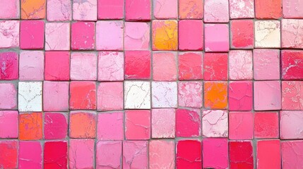 Poster - Colorful mosaic wall featuring bright pink square tiles in various shades creating an eye-catching decorative pattern for interior design use.