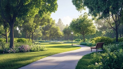 Poster - Scenic Recreational Park Pathway Surrounded by Lush Greenery and Trees in Brightly Lit Natural Environment