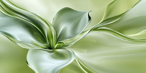 Poster - Abstract Green Floral:  A mesmerizing digital illustration of a stylized flower, showcasing flowing, translucent petals in calming shades of green and light grey.