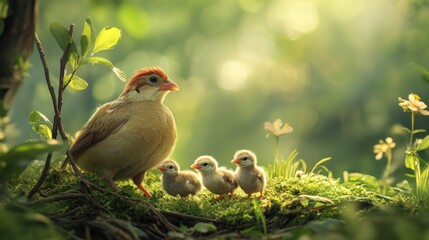 Wall Mural - A Bird Family in the Lush Green Forest