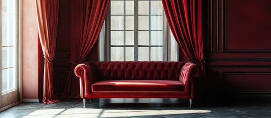 Poster - Luxurious red velvet sofa positioned elegantly in a sunlit living room with large windows and rich crimson curtains, offering ample space for text.