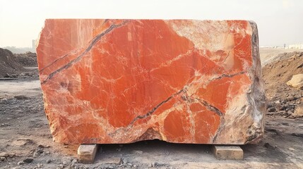 Poster - Vibrant Raw Red Marble Block from Quarry Site Surrounded by Earthy Tones and Natural Textures in Sunlit Landscape