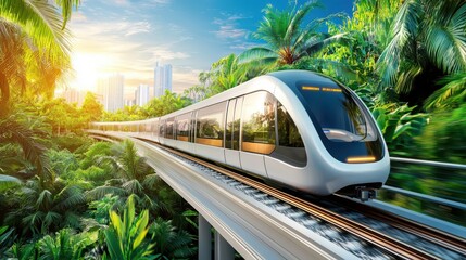 Poster - a modern train speeding along a track, surrounded by lush greenery and a clear sky.