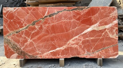 Poster - Vibrant Raw Fresh Cut Red Marble Slab with Unique Veins Displayed on Wooden Pallets in Quarry Environment with Natural Stone Texture