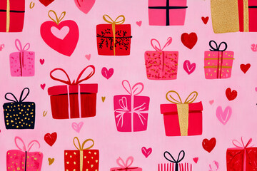 Sticker - Pink Present Pattern: A delightful pattern featuring an array of charming presents in various shades of pink, red, and gold, adorned with hearts.