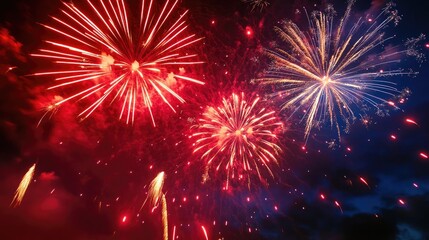 Poster - Vibrant Red and Blue Fireworks Display Illuminating the Night Sky in a Spectacular Celebration