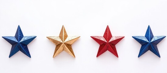 Poster - Colorful arrangement of red blue and gold decorative stars aligned on a clean white background with ample blank space for customizable text