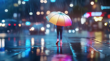 Poster - A person holding an umbrella in the rain, with vibrant reflections on a wet pavement.