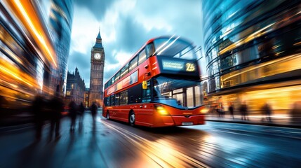 Poster - a red double-decker bus driving down a busy city street with pedestrians walking by.