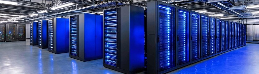 Poster - A high-tech server room with glowing blue lights, emphasizing robust information security and processing capabilities