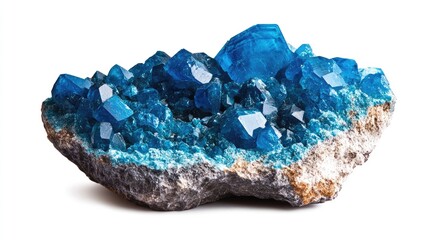 Poster - Raw blue semiprecious stone cluster with crystalline structure isolated on white background showcasing natural beauty and unique texture