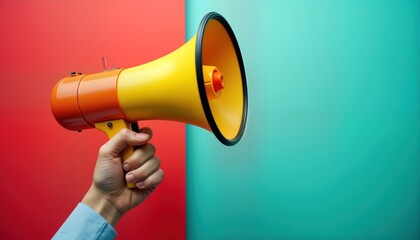 Fototapete - Hand holding colorful megaphone. Modern communication concept. Image highlights new tech upgrade announcement. Creative business marketing presentation. Simple background. Ideal for online message