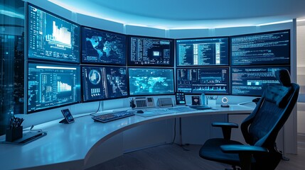 Poster - a multi-screen setup with interconnected data points visualized in a futuristic style, symbolizing d