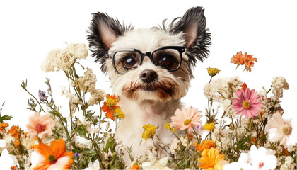 adorable dog wearing glasses in pretty flowers springtime pet photography cute pink puppy fauna
