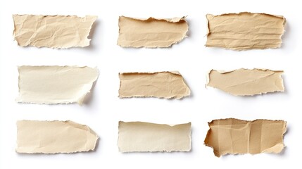 Poster - Recycled paper craft textures in various shapes showcasing torn edges against a clean white background for creative projects
