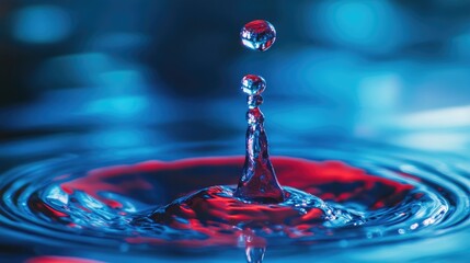 Poster - Vibrant macro shot of red and blue water splash with droplets creating dynamic patterns in liquid.