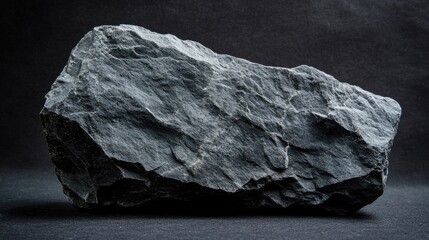 Poster - Textured close-up of a raw rough dark gray limestone rock against a black background showcasing its natural formations and characteristics.