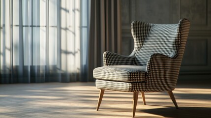 Poster - Upholstered wooden armchair with houndstooth pattern in stylish studio interior bathed in natural light and soft shadows