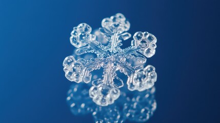 Poster - Detailed macro shot of a real snowflake on a blue background showcasing intricate ice patterns and frost details with ample copy space.