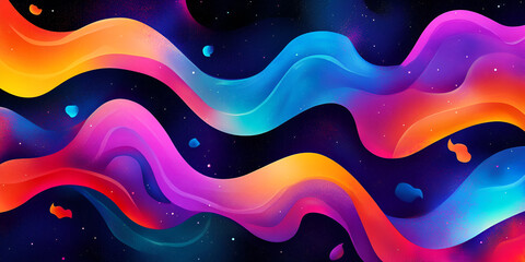 Poster - Cosmic Flow: A mesmerizing abstract background with vibrant, flowing lines in hues of pink, orange, blue and red, set against a deep, cosmic backdrop. The colors dance and interweave.