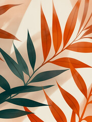 Poster - Tropical Leaves Minimalism: An abstract yet elegant pattern of tropical leaves in vibrant hues of green and orange.