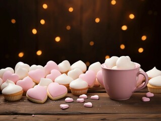 Canvas Print - Cupcakes, and Heart-Shaped Marshmallows on Table