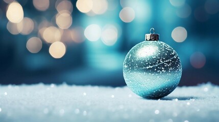 Wall Mural - Silver Christmas Ball on Snow with Blue Bokeh Lights