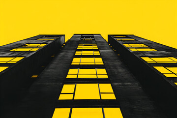 Wall Mural - Urban Geometry: A low-angle shot captures the stark lines and contrasting colors of a modern apartment building, its windows glowing yellow against a bold yellow sky.