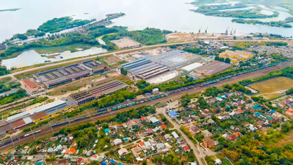 Wall Mural - Syzran, Russia. Watercolor illustration. Industrial area with a railway. Panoramic view of the city and the Volga river. Sovetskaya Street, Aerial View