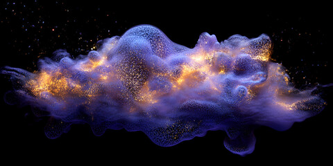 Poster - cosmic cloud: an otherworldly abstract of swirling violet smoke, glowing with golden sparks against 