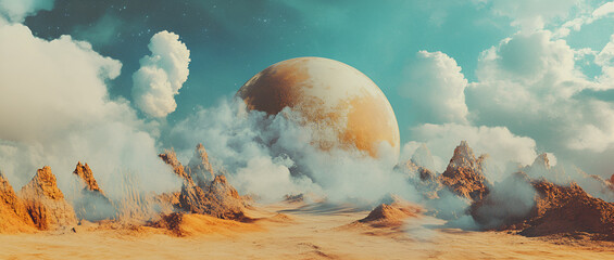 Poster - dreamscape: a mesmerizing digital art piece depicts an ethereal landscape, where towering rocky form