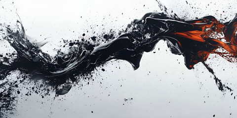 Poster - Abstract Ink Dynamics: A dramatic interplay of black and burnt orange ink creates a dynamic, abstract composition. The swirling, splattered forms evoke a sense of energy and movement.
