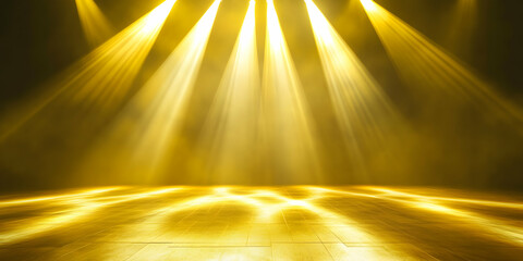 Wall Mural - Golden Stage Spotlight: Dramatic beams of golden light converge on an empty stage, creating a captivating and atmospheric backdrop perfect for showcasing products, presentations.