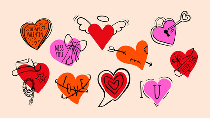 Poster - Set of doodle stickers with text for Valentine's Day. Vector illustration