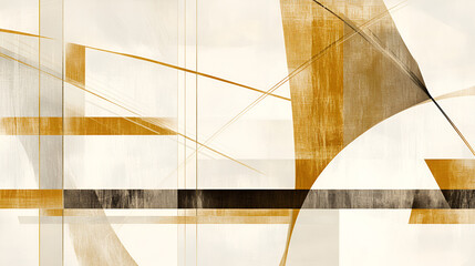 Poster - Abstract Gold and Beige:  A modern abstract artwork featuring dynamic interplay of gold, beige, and charcoal lines and shapes, creating a sense of movement and energy.